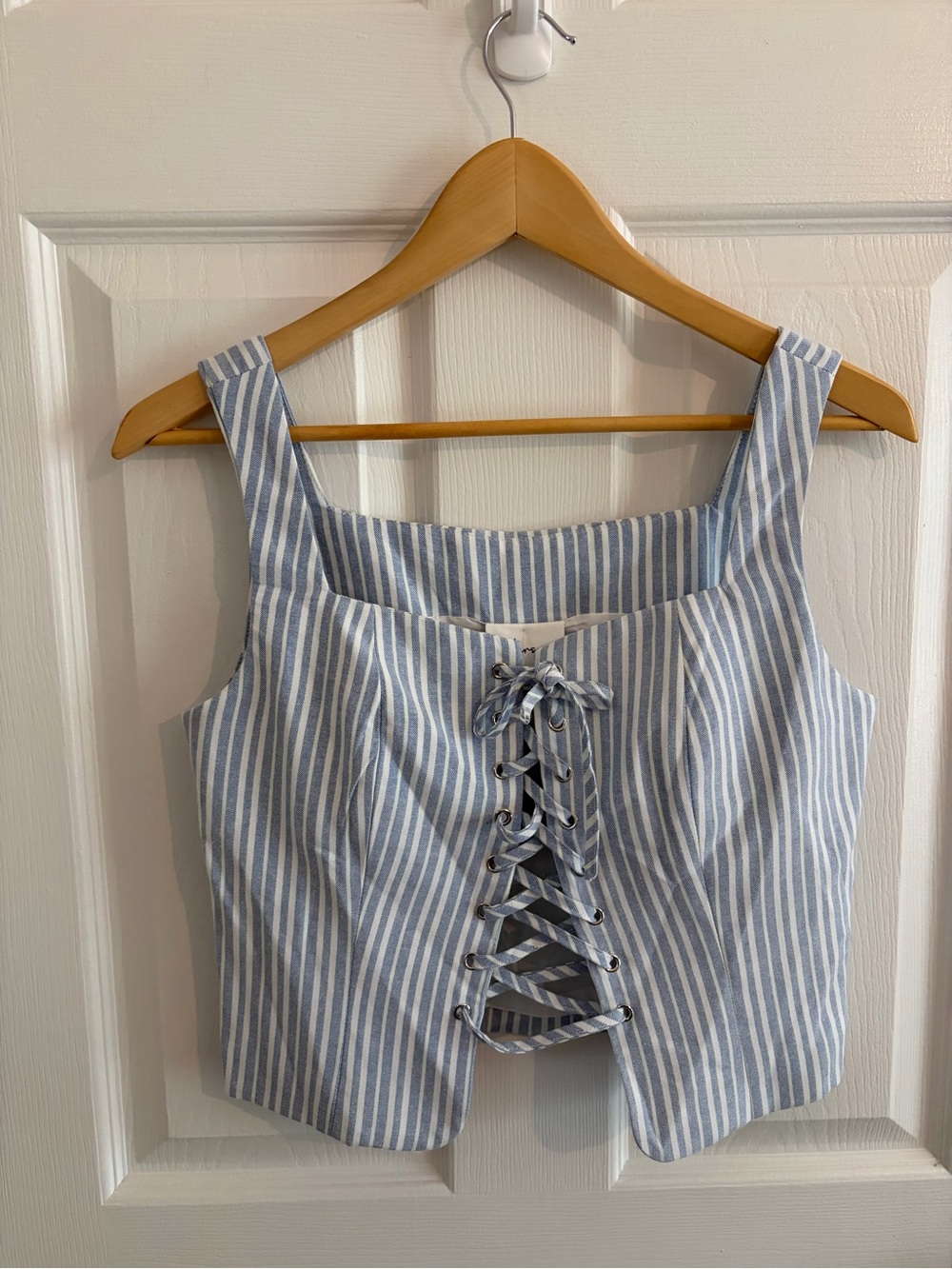 NWT - Hersy Light Blue & White Striped Lace Up Crop Top- Size S